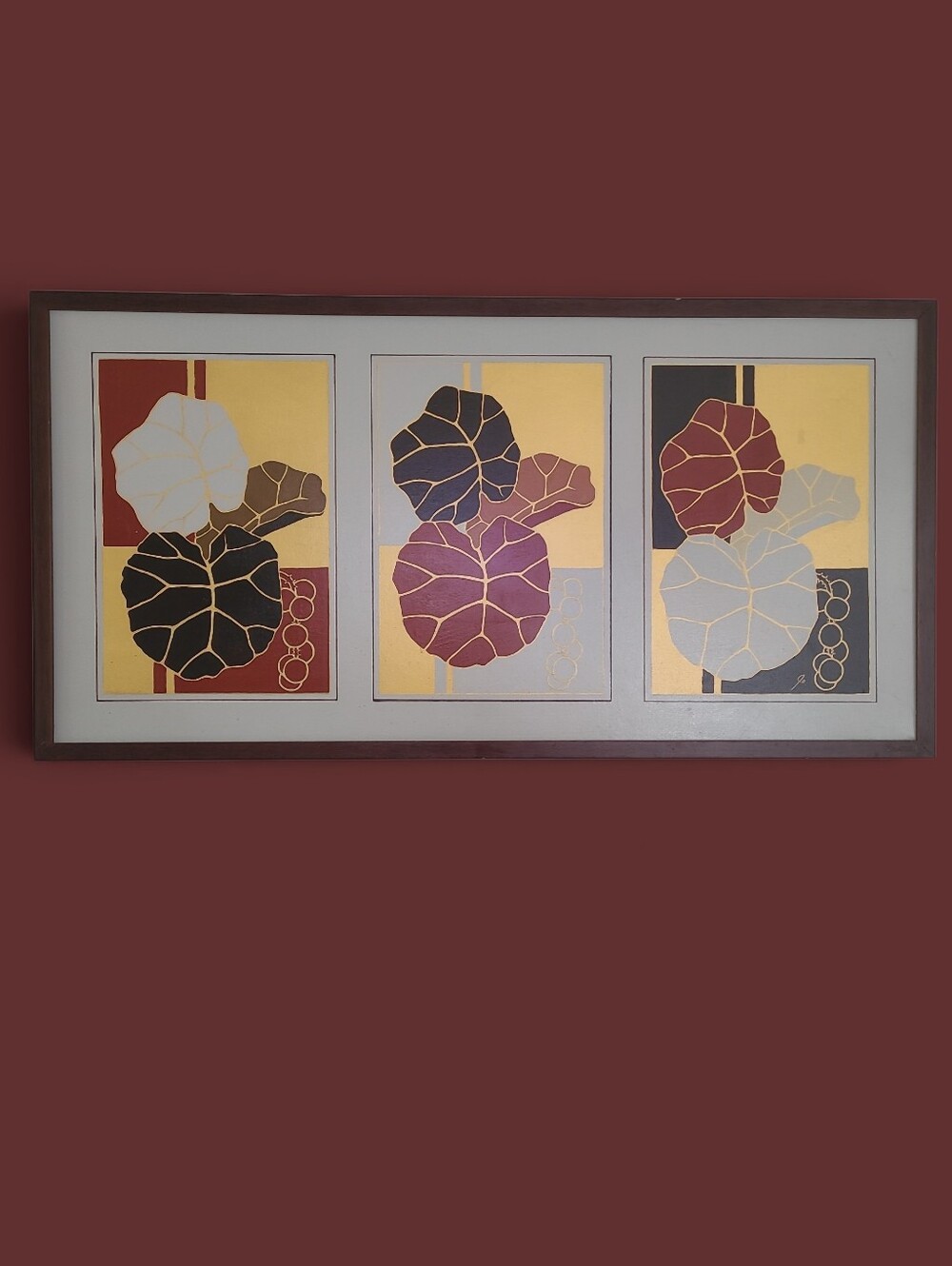Abstract Triptych Leaf Wall Art - Red, Gold, Black, White 19x37